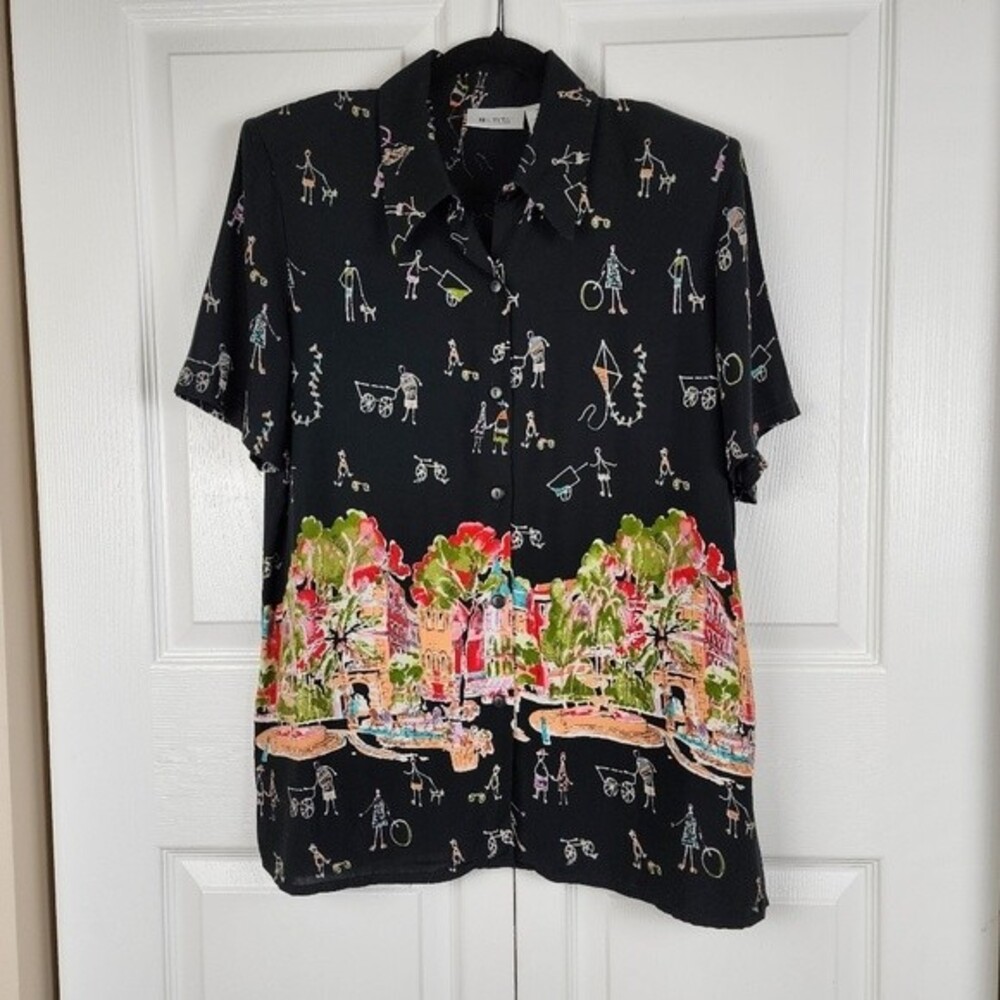 Vintage Units 80s 90s Rayon Blouse Abstract Art To Wear Shirt Shoulder Pads M - Picture 4 of 14